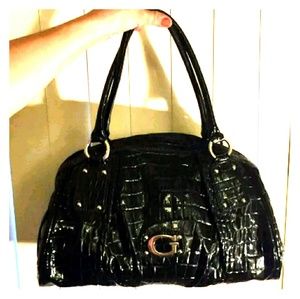 GUESS VINTAGE SHINE BLACK CROC SATCHEL HANDBAG